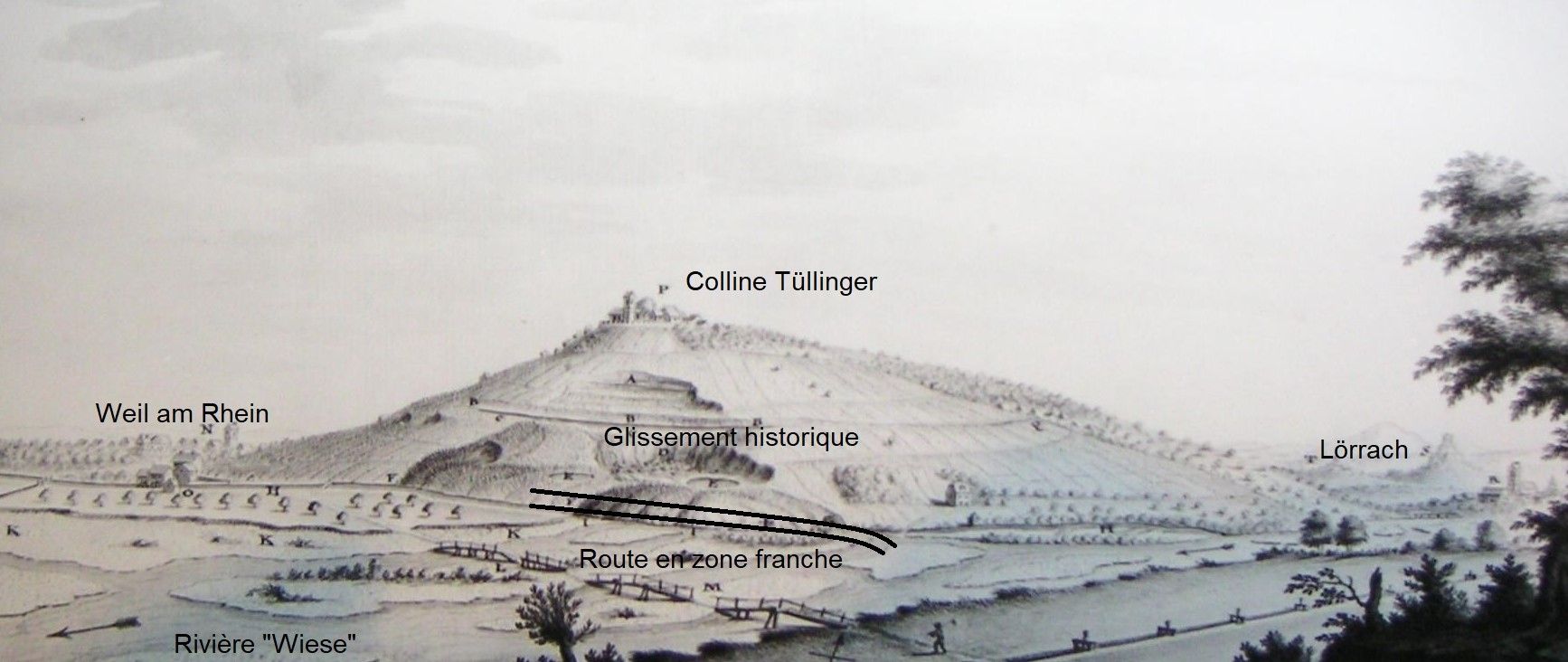 Glissement de terrain de 1758 avec localisation du nouveau tunnel routier