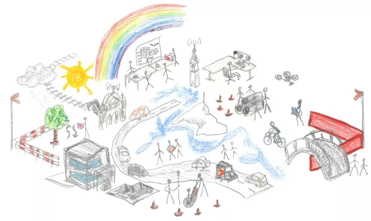 Dessin d&rsquo;enfant color&eacute; repr&eacute;sentant l&rsquo;univers de travail de Gruner.