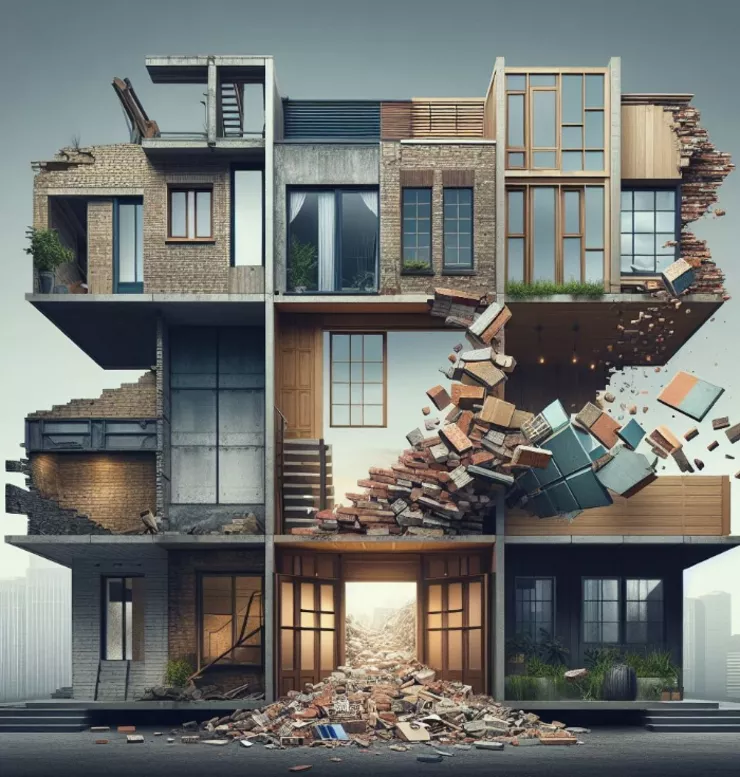 Partially dismantled building symbolizing circular construction and material reuse.